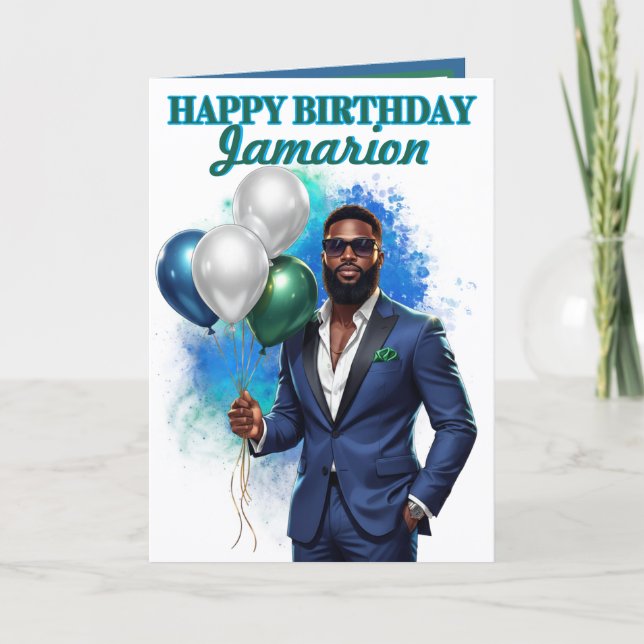 Cartão Terno Azul Marinho Suave Aniversário Afro-American (Frente)