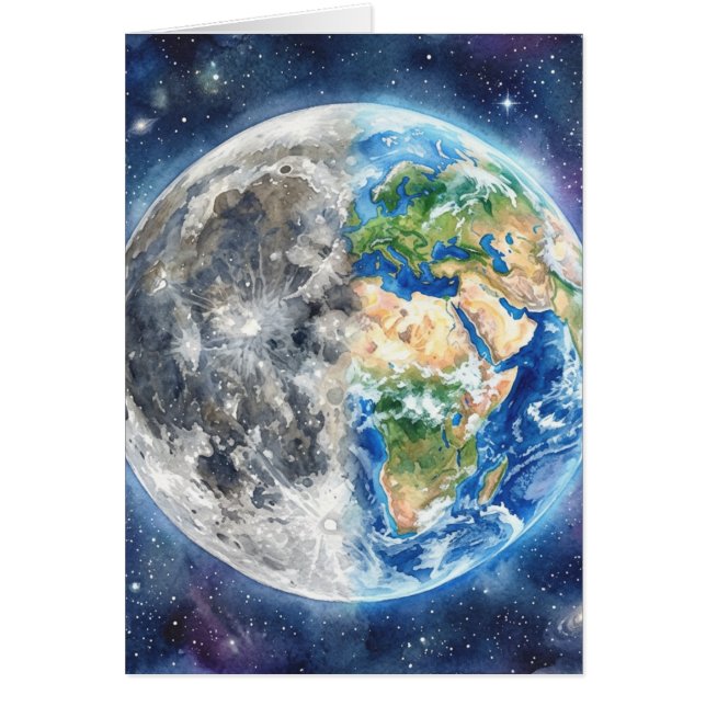 Cartão Terra & Lua Aquarela Galáxia Design Celestial (Frente)