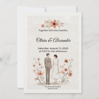 Cartão Terracotta Floral & Couple Illustration Wedding
