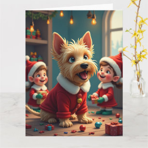 Cartão Terrier Escocês Ajudando os Elfos de Papai Noel no