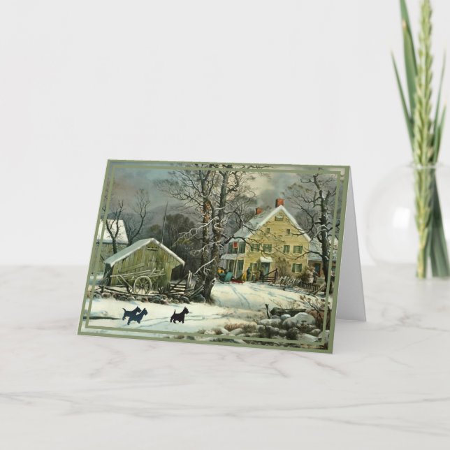 Cartão Terrier Escocês Estilo Antigo de Inverno (Frente)