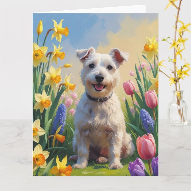 Cartão Terrier Wirefox Cão Pintura Flores de Primavera (Flor Amarela)