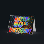 Cartão Teste padrão "ANIVERSÁRIO FELIZ do arco-íris do<br><div class="desc">A parte dianteira destas características do divertimento, as atraentes e as vibrantes do cartão de design fogos-de-artifício comemorativos coloridos inspirou o teste padrão, junto com a mensagem "ANIVERSÁRIO FELIZ do 90!" caracterizar um arco-íris colorido inspirou o teste padrão do inclinação, em um fundo colorido preto. As características internas uma mensagem...</div>