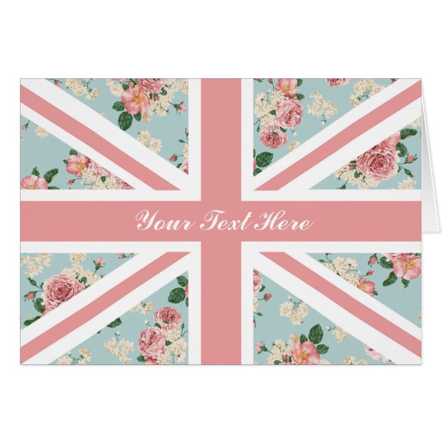 Cartão Teste padrão floral de Union Jack dos rosas (Frente Horizontal)