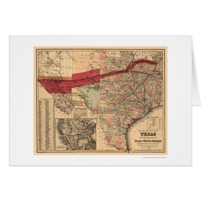 Cartão Texas & mapa pacífico 1873 da estrada de ferro (Frente Horizontal)
