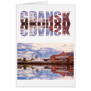 Cartão Texto de Gdansk com vista de cidade antiga e refle