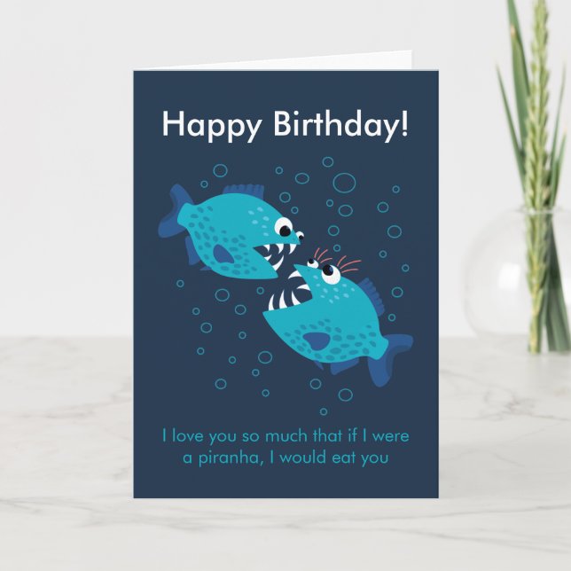 Cartão Texto Personalizado Blue Piranha Fish Love Birthda (Frente)