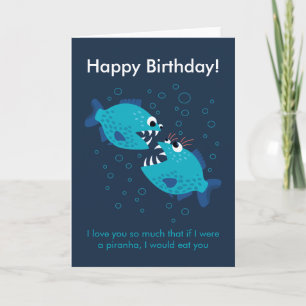 Cartão Texto Personalizado Blue Piranha Fish Love Birthda