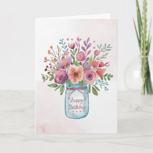 Cartão Texto personalizado Feliz Aniversário Buquê Floral