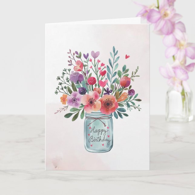 Cartão Texto personalizado Feliz Aniversário Buquê Floral (Orquídea)