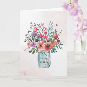 Cartão Texto personalizado Feliz Aniversário Buquê Floral
