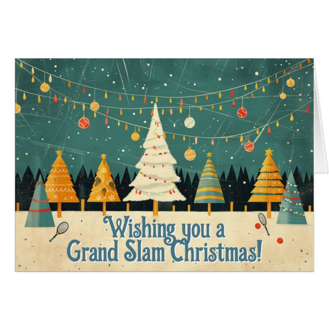 Cartão 🎾 🎄 Texto personalizado, Tênis Tinsel em árvore (Frente Horizontal)