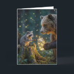 Cartão Thank You Bear with Raccoon and Fireflies<br><div class="desc">A bear offers a jar of glowing fireflies to a raccoon on a tree stump.
All text can be changed.</div>