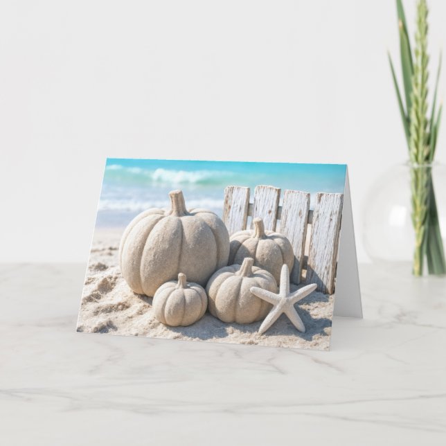 Cartão Thanksgiving Beach Sand Pumpkins (Frente)