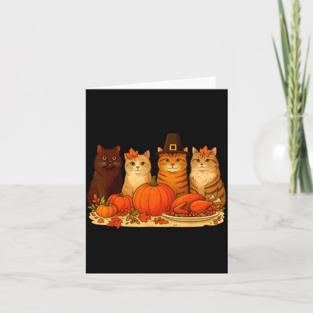 Cartão Thanksgiving Cats Dinner Pumpkin Autumn Men Women  (Frente)