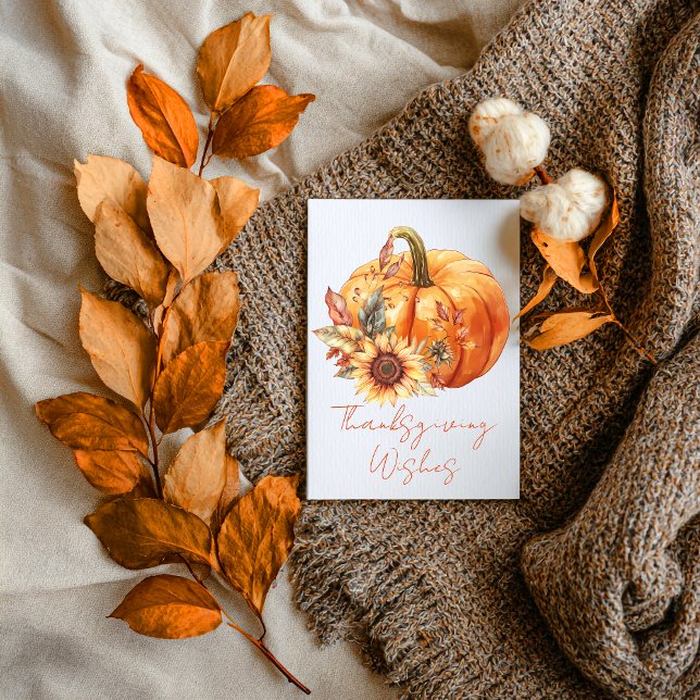 Cartão Thanksgiving Wishes Pumpkin & Sunflower Card (Criador carregado)