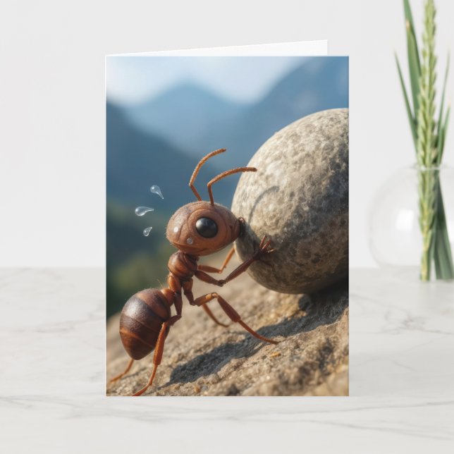 Cartão Thinking of You Ant Pushing a Big Rock Uphill (Frente)