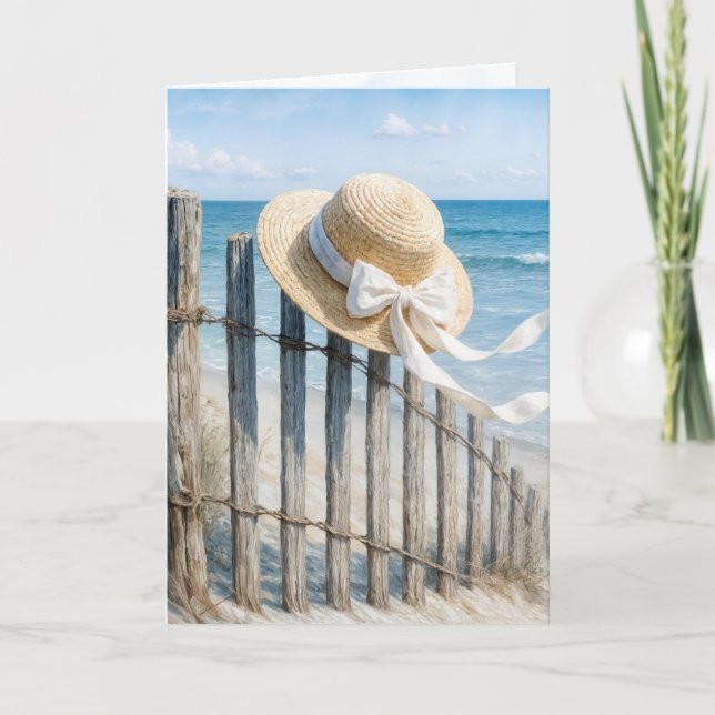 Cartão Thinking of You Straw Hat On a Beach Fence (Frente)