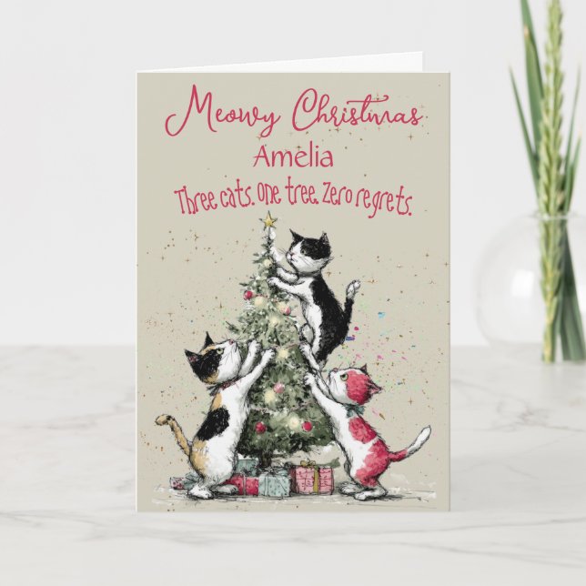 Cartão Three Cats Decorating A Tree Christmas Card (Frente)