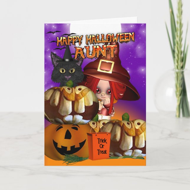 Cartão Tia Halloween bruxa gato abóbora jack ou lanterna (Frente)