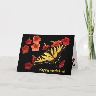 Cartão Tiger Swallowtail on Red Flowers Birthday
