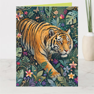 Cartão Tigre com Olhos Âmbar Folhagem da Selva Fantasia