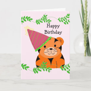 Cartão Tigre Doce em um Chapéu de Aniversário