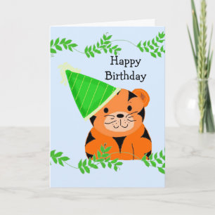 Cartão Tigre Doce em um Chapéu de Aniversário