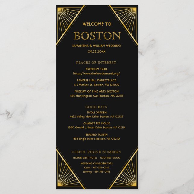 Cartão Timeline de Casamento de Arte Deco Gatsby (Frente)