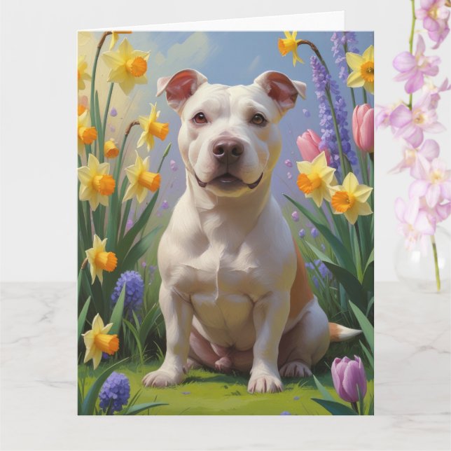 Cartão Tinta de Bull Terrier com Flores de Primavera  (Orquídea)