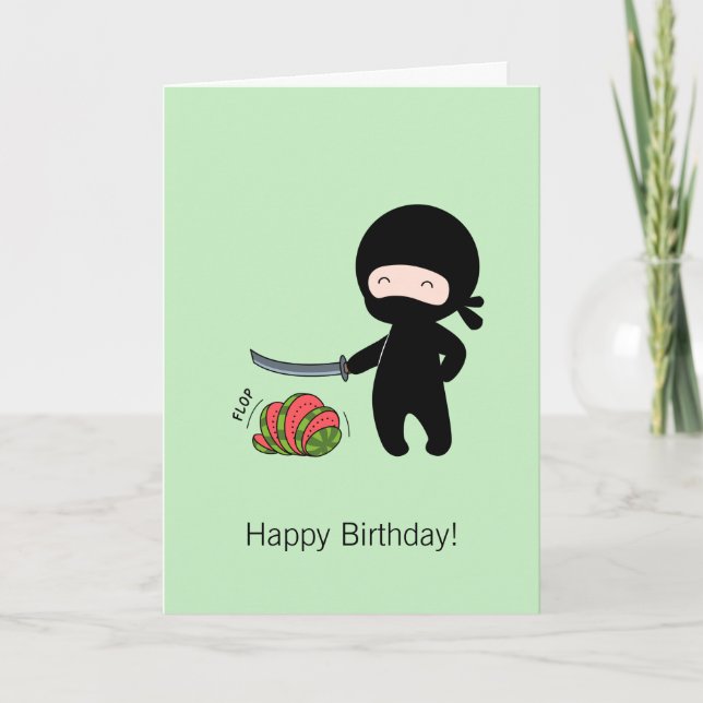 Cartão Tiny Ninja Cutting Watermelon Green Birday (Frente)