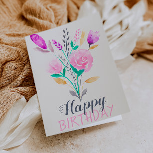 Cartão Tipografia de aniversário de cor-de-água floral, d