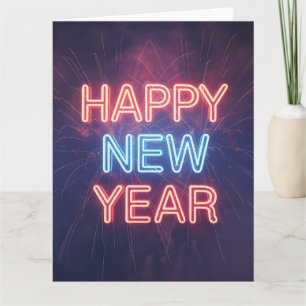 Cartão Tipografia "Feliz Ano Novo" em Neon com Fogos de A