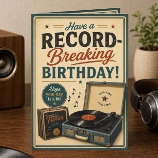 Cartão Toca-Discos Retrô de Aniversário Dobrado