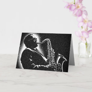 Cartão Toca Saxofone no Estilo Gráfico BW dos Anos 50
