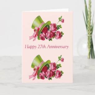 Cartão Top hat and flowers, Happy 27th Anniversary