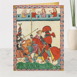 CARTÃO TORNEIO MEDIEVAL, CAVALEIROS A CAVALO E DONZELAS