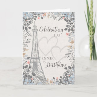 Cartão Torre Eiffel de Aniversário com Moldura Floral