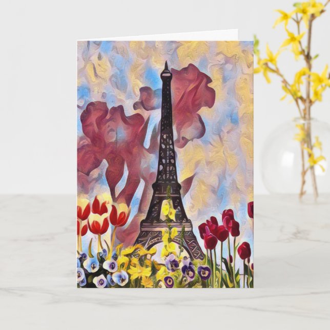 Cartão Torre Eiffel, Paris Iris, Tulipas Flores de Mola (Flor Amarela)
