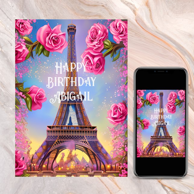 Cartão Torre Eiffel Personalizada Rosas Rosa Rosa Rosa Br (Personalized Eiffel Tower Pink Roses Chic Birthday Card)