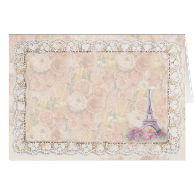 Cartão Torre Eiffel pintada romântica dos rosas (Frente Horizontal)