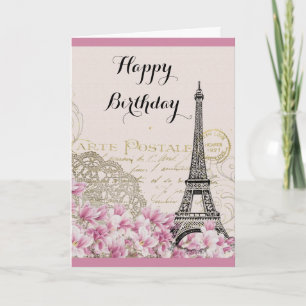 Cartão Torre Eiffel Vintage com flores cor-de-rosa Aniver