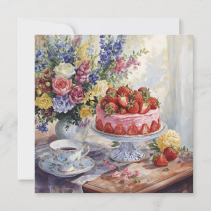 Cartão Torta de Morango em Aquarela e Vida Morta de Flore
