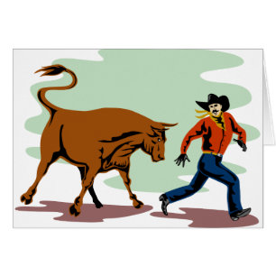Cartão touro que persegue o vaqueiro do rodeio