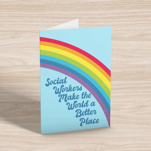 Cartão Trabalho social, aspas inspiradoras, arco-íris azu