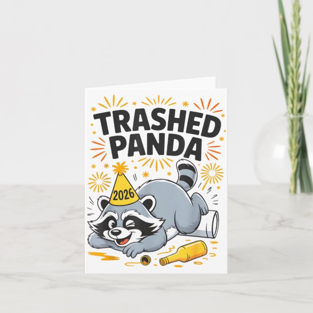 Cartão Trashed Panda New Year 2026 Funny Drunk Raccoon  (Frente)