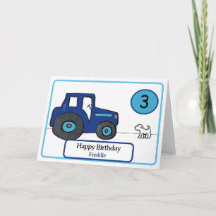 Cartão trator azul e aniversário de 3 anos de cão