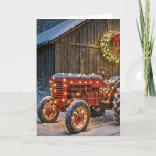 Cartão Trator Vermelho de Natal com Grinalda Iluminada