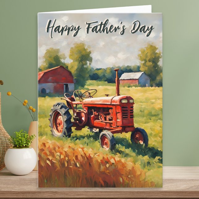 Cartão Trator Vermelho Rústico Dia dos Pais (A Father's Day card with illustration of an retro red tractor in a field on a farm)