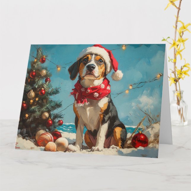 Cartão Treeing Walker Coonhound Natal Praia Vintage (Flor Amarela)